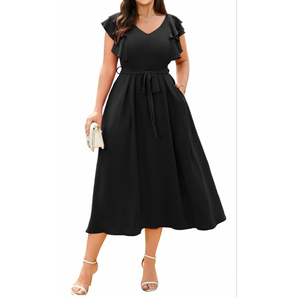 NEW Black Wedding Guest Maxi Dress Formal V Neck Midi Dress L NO BELT